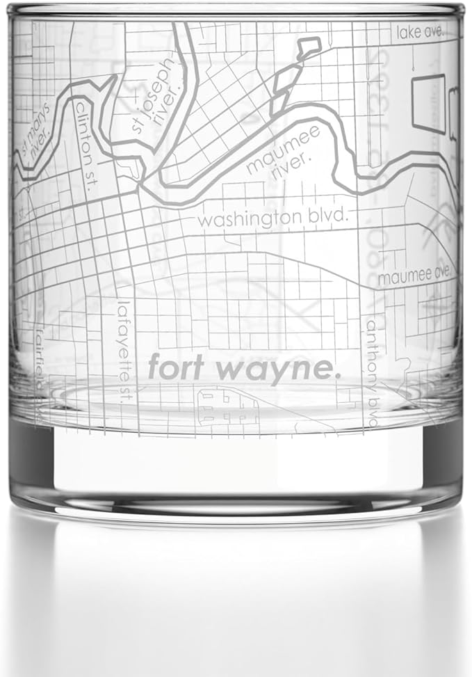 Well Told Engraved Fort Wayne Indiana Map Rocks Glass, Old Fashioned Glassware (11 oz, Clear) Etched Bourbon Tumbler, Gifts For Whiskey Lovers