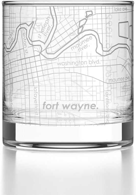 Well Told Engraved Fort Wayne Indiana Map Rocks Glass, Old Fashioned Glassware (11 oz, Clear) Etched Bourbon Tumbler, Gifts For Whiskey Lovers