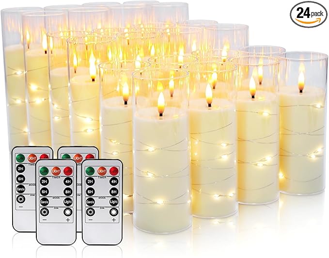 24-Piece Ivory Flameless LED Candles with Remote, Embedded Fairy Lights for Christmas Decor. Battery-Powered with Timer, Safe & Elegant for Cozy Romantic Home, Wedding, Party.