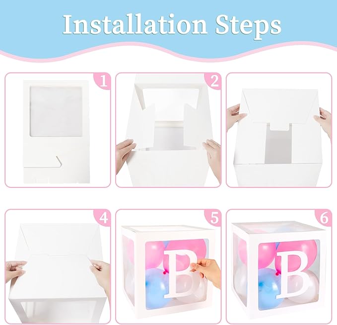 RUBFAC Baby Boxes with 41 Letters and 36 Balloons, 4pcs Clear Balloon Boxes for Baby Shower Gender Reveal Girl Boy Blocks Birthday Party Decorations