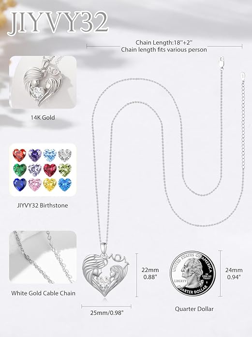 Mother and Daughter/Son Love Heart Necklace White Gold/14K Gold/Rose Gold Birthstone Jewelry Christmas Mothers Day Birthday Gifts For Mom Wife Grandma Women