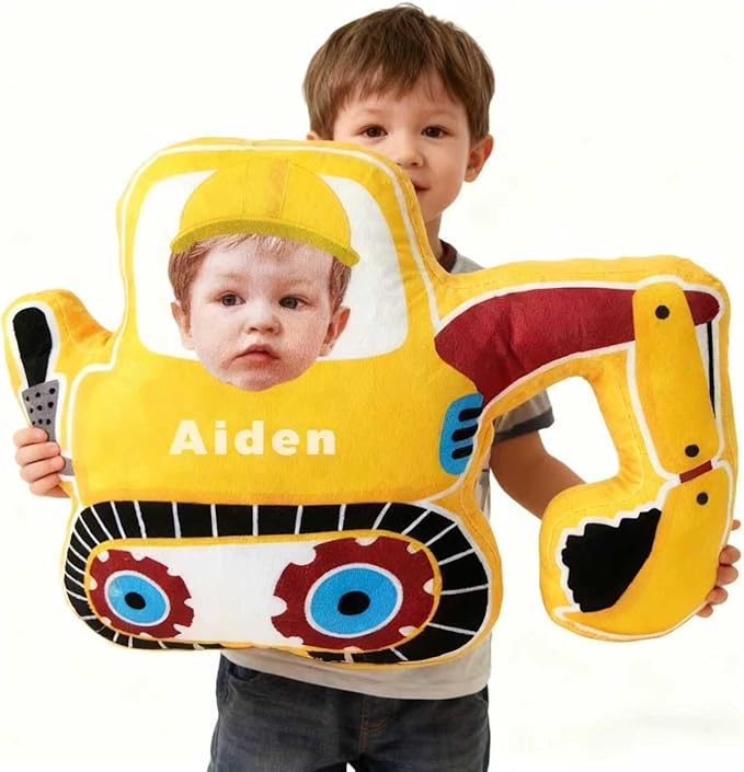 Custom Excavator Shaped Pillow with Kids Face and Name Personalized Construction Vehicle Pillow for Boys Customized Soft Plush Pillow for Room Decor Play Perfect Birthday for Kids