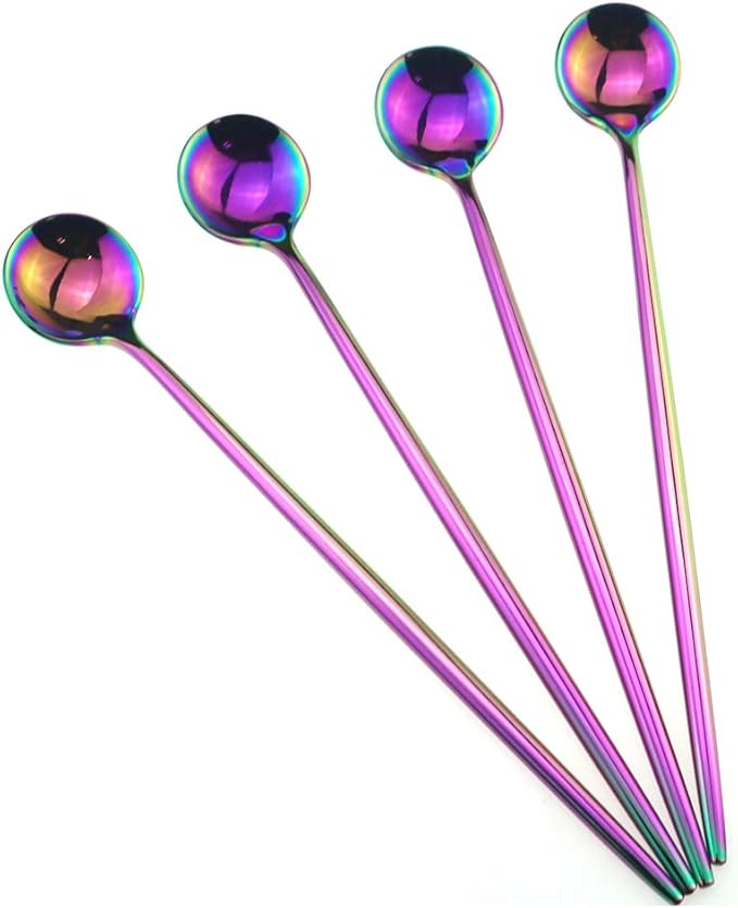 Gugrida 4-Piece 18/10 Stainless Steel Luxury Mirror Polished Rainbow Colorful Long Handle Spoon Coffee Milk Spoon Stirring spoon Silverware Flatware Cutlery