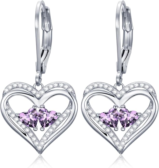 Heart Leverback Earrings Double Birthstone Dangle Earrings for Women, Love Jewelry for Her, Christmas Gifts for Women, Anniversary Birthday Gift for Mom Wife Girlfriend