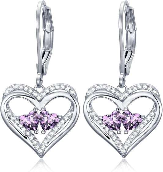 Heart Leverback Earrings Double Birthstone Dangle Earrings for Women, Love Jewelry for Her, Christmas Gifts for Women, Anniversary Birthday Gift for Mom Wife Girlfriend