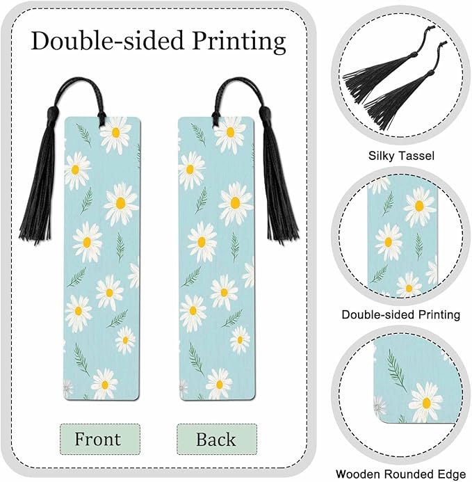 Daisy 5 Pcs Bookmarks Flower Spring Green Leaves Wooden Bookmarks with Tassel for Students Reader Teachers Book Lovers