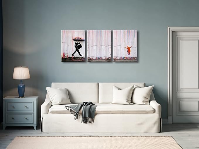 Wieco Art 3 Piece Banksy Famous Canvas Paintings Wall Art Raining day Modern Inspirational Grey Love Pictures Print Artwork for Kitchen Home Office Decor