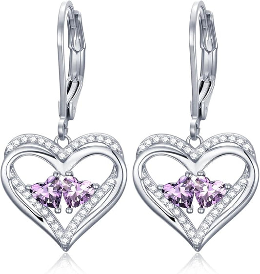 Heart Leverback Earrings Double Birthstone Dangle Earrings for Women, Love Jewelry for Her, Christmas Gifts for Women, Anniversary Birthday Gift for Mom Wife Girlfriend