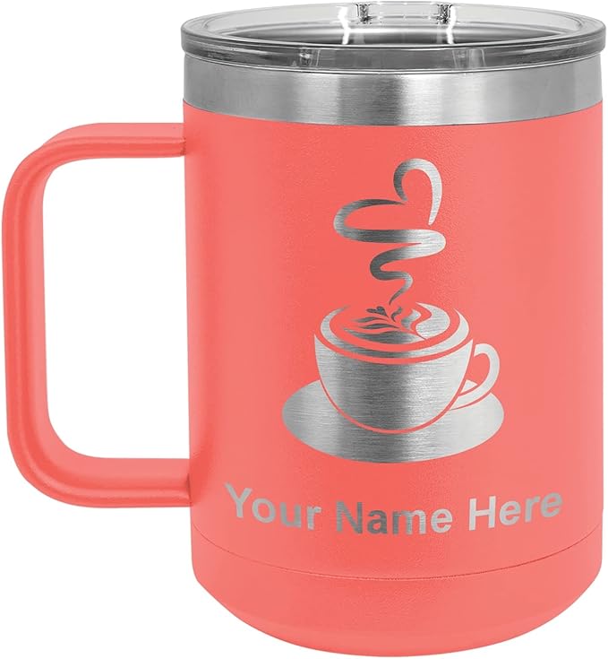 LaserGram 15oz Vacuum Insulated Coffee Mug, Cup of Coffee, Personalized Engraving Included (Coral)