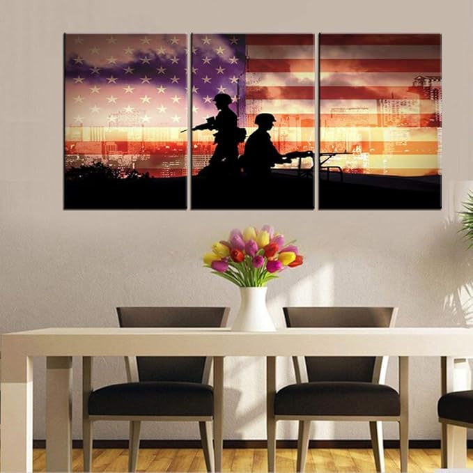Native America Flags Paintings Patriotic Wall Picture for Living Room White Red Stripes Wall Art Modern House Decorations Canvas Prints Artwork Wooden Framed Gallery-Wrapped Ready to Hang(48''Wx24''H)