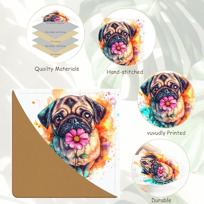 2PCS Leather Bookmarks 3.54 x 3.54 Inch Color Splash Pug with Flower Design Reading Accessories for Books Journals Bibles Travel Diary Students Teachers and Book Lovers Gift