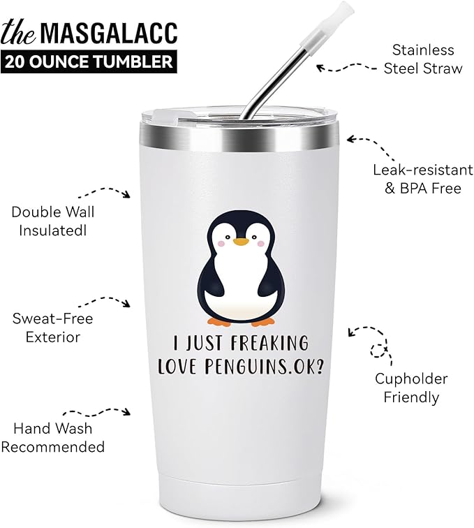 MASGALACC Penguin Gifts for Women - 20oz Penguin Themed Tumbler Mothers Day Gifts With Penguins Figurines Birthday Christmas Ideas for Her