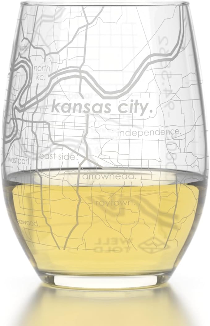 Well Told Engraved Kansas City Missouri Map Stemless Wine Glass, Etched Glass (15 oz, Clear) Custom Gifts for Lovers