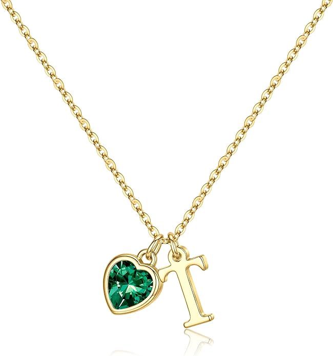 Turandoss Valentines Day Gifts for Her Trendy, Dainty 14K Gold Plated Initial A-Z Heart Birthstone Pendant Necklace Personalized Bridesmaid Birthday Valentines Jewelry Gifts for Women Girls