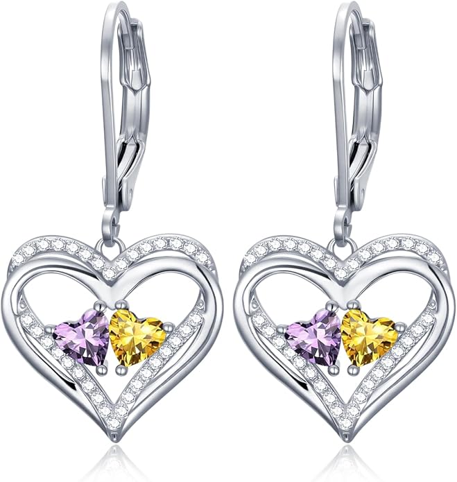 Heart Leverback Earrings Double Birthstone Dangle Earrings for Women, Love Jewelry for Her, Christmas Gifts for Women, Anniversary Birthday Gift for Mom Wife Girlfriend