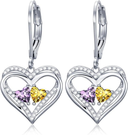 Heart Leverback Earrings Double Birthstone Dangle Earrings for Women, Love Jewelry for Her, Christmas Gifts for Women, Anniversary Birthday Gift for Mom Wife Girlfriend
