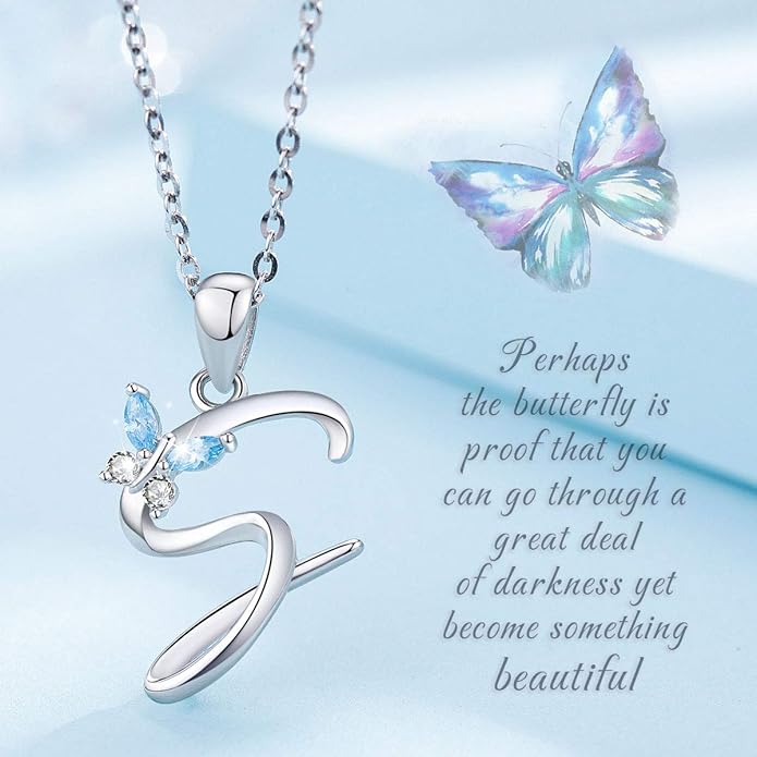 EUDORA Sterling Silver Butterfly Initial Necklaces for Women, Elegant Letter Neckles Personalized Gift for Mother, Sister, Daughter, 18 inch Chai