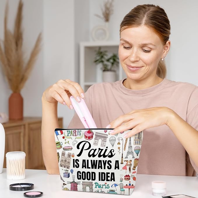 Funny Paris Travel Makeup Bag, City Themed Trip Gifts Favors, Travel Lover Gifts For Women Her, Cosmetic Bag For Holiday Trip Vacation, Paris Is Always A Good Idea