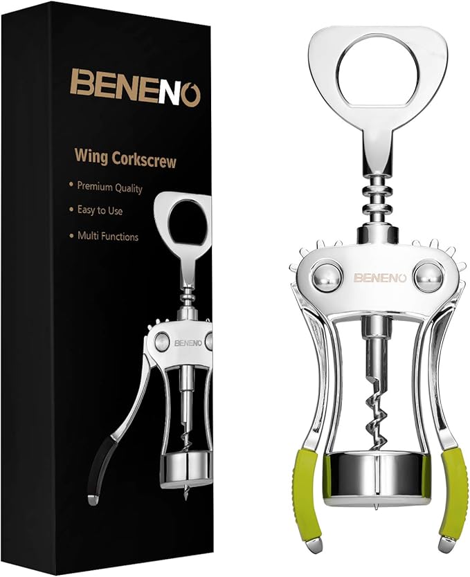Beneno Wine Opener, Zinc Alloy Premium Wing Corkscrew with Multifunctional Bottles Opener, Sharp Wine Corkscrew with Ergonomic Non-Slip Wing Handle, Green