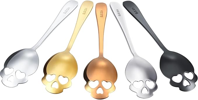 Skull Spoons Stainless Steel Coffee and Espresso Spoons for Tea, Milk, Sugar Stirring, Dessert, Cake (Mixed Color,5 Pieces)