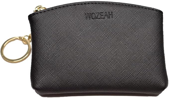 WOZEAH Artificial Leather Coin Purse Change Purse With Key Chain Ring Zipper For Men Women (Black)