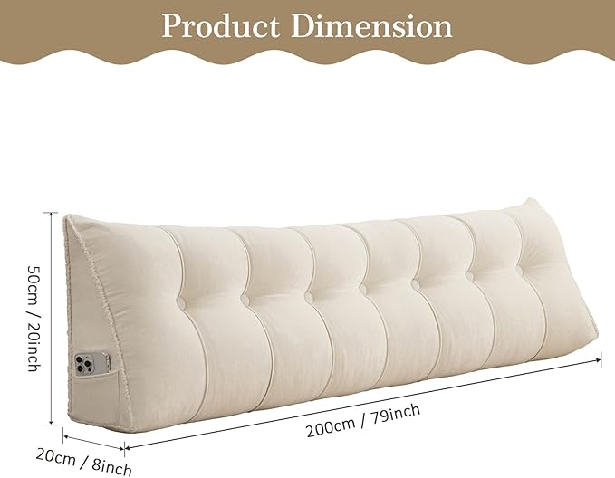 Headboard Pillow King, Chenille Triangular Wedge Pillow Headboard King Size, Reading Setting Backrest Daybed Pillows for Bed Sofa with Removable Cover, Beige