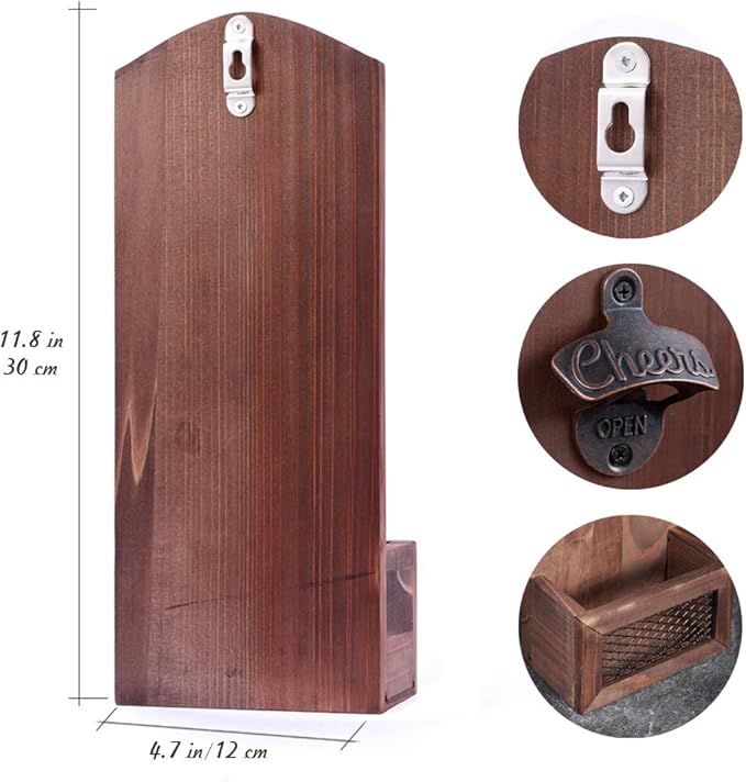 Bottle Opener with Cap CollectorCatcher,Vintage Wooden Wall Mounted Bottle Opener, Ideal Gift for Men and Beer Lovers, Use as Bar Decoration.