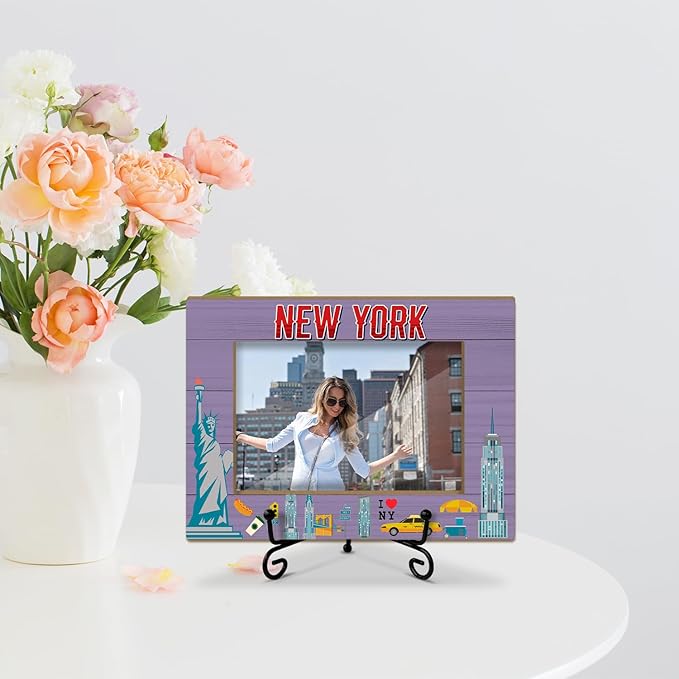 Lesixur New York Photo Frame with Iron Stand, Wedding Honeymoon Vacation Souvenir Gift for Couples Friends, 4x6 Wooden Picture Frame for Tabletop Desktop Display, Home Table Decor -045