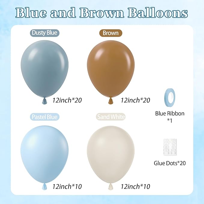 60pcs Blue and Brown Balloons 12inch with Brown Dusty Pastel Blue Sand White Balloons for One Sweet Cookie Birthday Gender Reveal Baby Shower Party Decorations