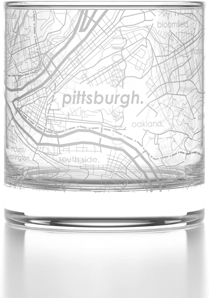 Well Told Engraved Pittsburgh Pennsylvania Map Rocks Glass, Old Fashioned Whiskey Glass (11 oz, Clear) Etched Whiskey Glass, Gifts For Whiskey Lovers