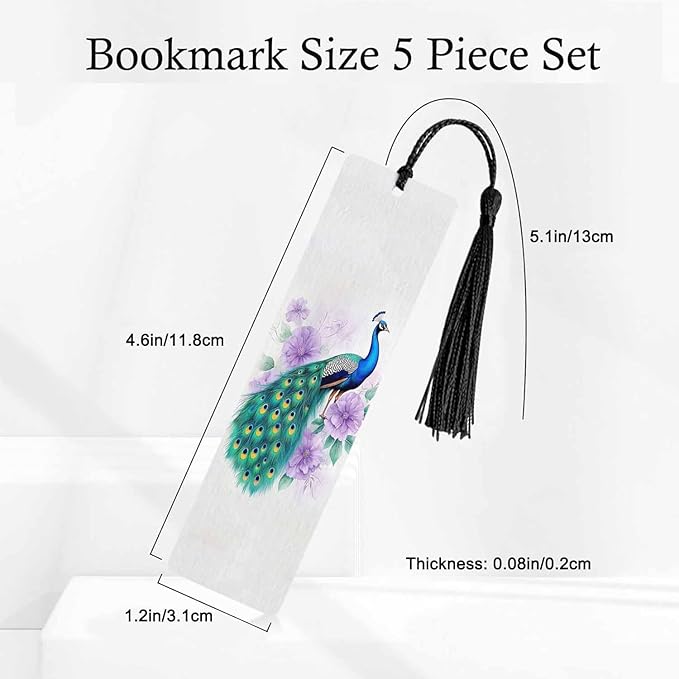 Peacock Bookmarks 5 Pcs Beautiful Pretty Bird Wooden Bookmark with Tassels for Reading Book Lovers Gift Office School Readers Teacher