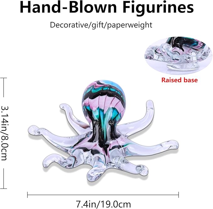 LCCCK Glass Octopus Statue Home Decor, Hand Blown Glass Decor Ocean Figurines Octopus Sculpture, Murano Art Office Desk Paperweights Fish Tank Aquarium Sea Animals Christmas Birthday Gift (Pink)