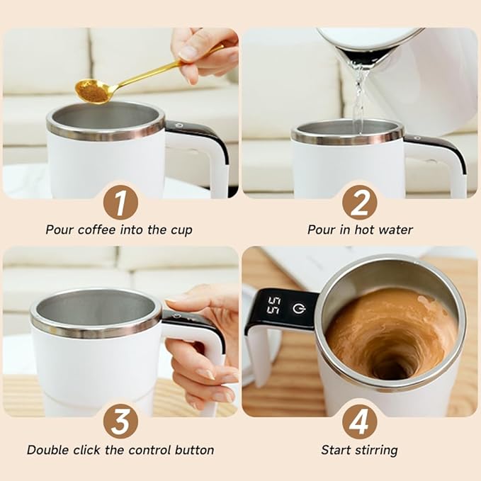 Automatic Magnetic Stirring Coffee Mug with Temperature Display, Rechargeable Stirring Mugs, Multifunctional Spin Mug Birthday Gift for Home Office Kitchen Travel Birthday Gift (White)