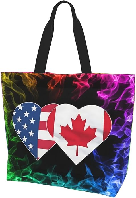 USA Canada Flag Heart Large Reusable Eco-friendly Shopping Bags Portable Storage Handbag