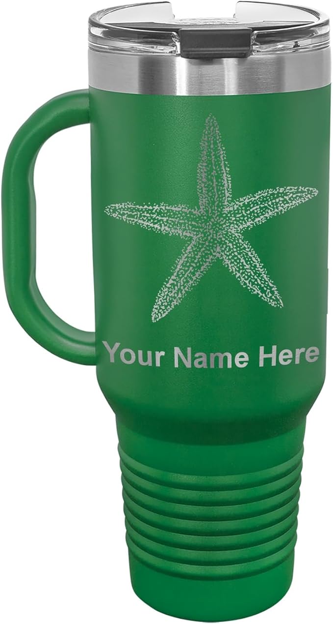 LaserGram 40oz Vacuum Insulated Travel Mug with Handle, Starfish, Personalized Engraving Included (Green)