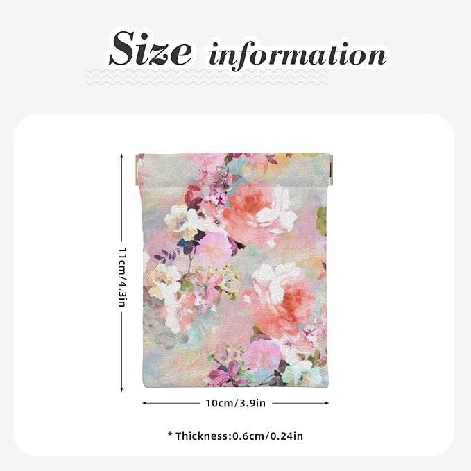 Coin Purse Watercolor Pink Flowers Pattern Leather Squeeze Coin Purse Mini Pouch Change Wallet Bag Gifts for Women Kids Girls Key Holder