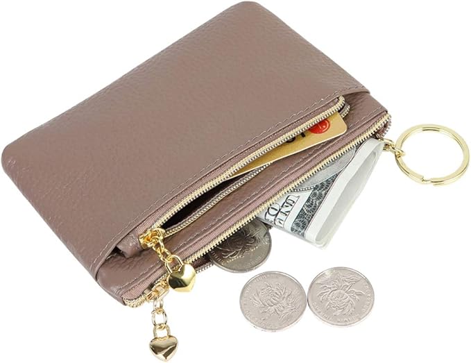 Women's Genuine Leather Coin Purse Zipper Pocket Size Pouch Change Wallet, Grey Purple