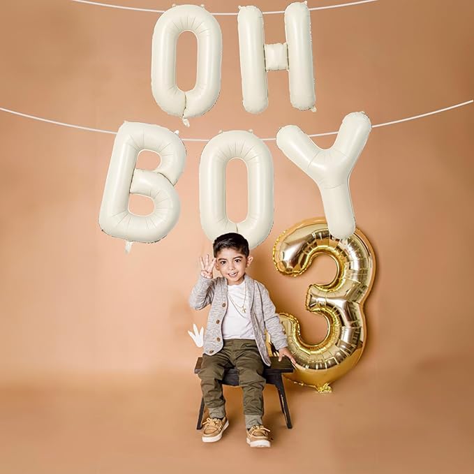Large Beige Oh Boy Balloons, 40 Inch Cream White Sand OH BOY Balloon Letters with Ribbon, Neutral Ivory Alphabet Oh Boy Balloon for Baby Kid Boys Birthday Baby Shower Gender Reveal Party Decorations