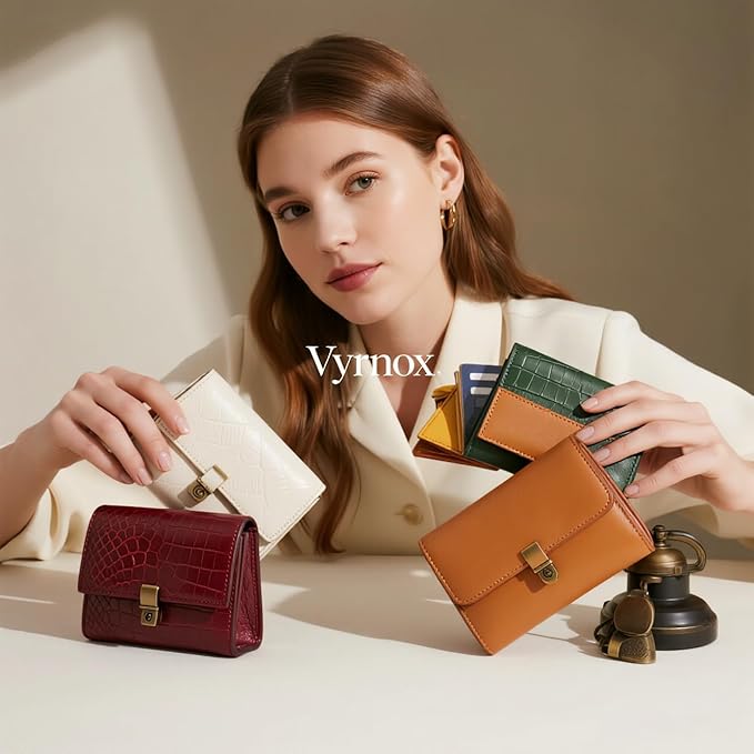 Multi-Functional Genuine Leather Wallet - Wine Red Compact Card Holder with 3 Zippers, Built-in Key Ring & Coin Purse for Travel (darkbrown)