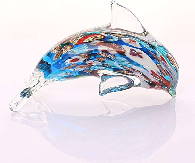 Quligeta Glass Dolphin Figurine Handmade Blown Sea Animal Sculpture Statue Paperweight Gift Collectible Home Desk Decoration Ornaments (Murano)