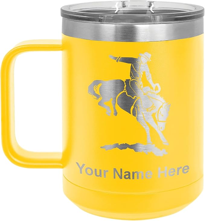 LaserGram 15oz Vacuum Insulated Coffee Mug, Bronco Rider, Personalized Engraving Included (Yellow)