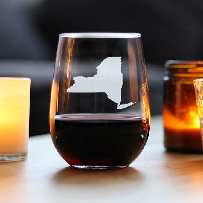 Bevvee New York State Outline Stemless Wine Glass - State Themed Drinking Decor and Gifts for New Yorker Women & Men - Large 17 Oz Glasses