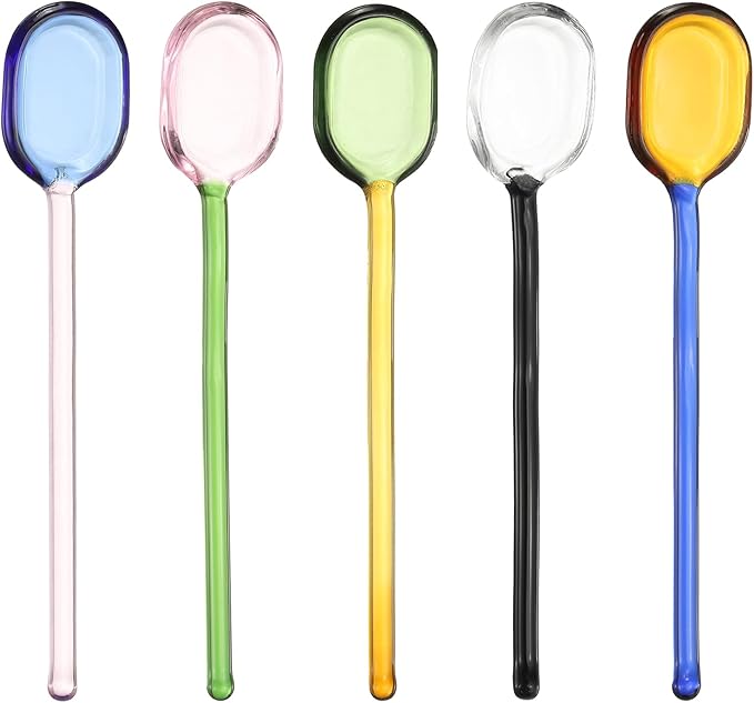 uxcell 1 Set Glass Coffee Spoons, 6.2 Inch Coffee Stirring Spoon, Long Handle Teaspoons for Tea Cocktail Milkshake Cold Drink, Pink/Green/Blue/Yellow/Black