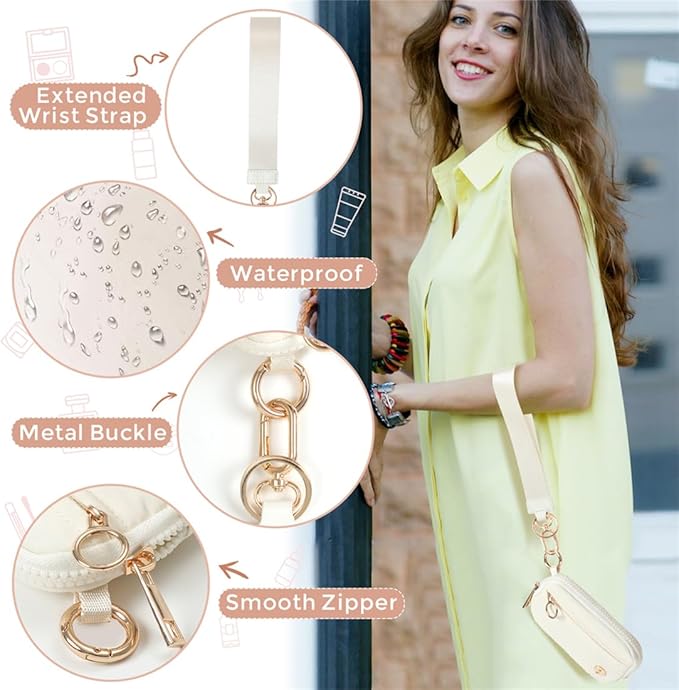 Wristlet Keychain Wallets for Women RFID Blocking Credit Card Holder Small Zipper Coin Purse Change Pouch with ID Window and Detachable Wrist Strap Beige