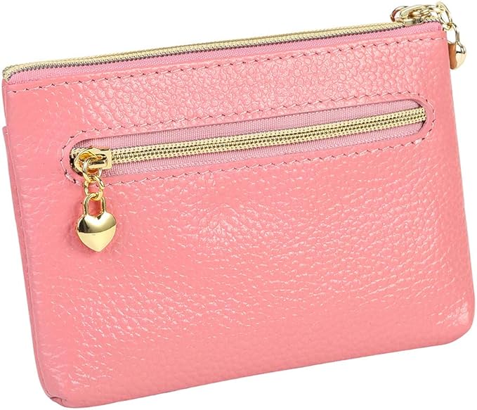 Women's Genuine Leather Coin Purse Zipper Pocket Size Pouch Change Wallet, Pink