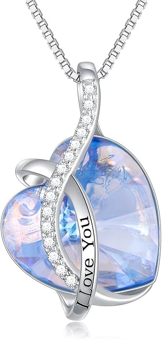 AOBOCO I Love You Sterling Silver 12 Birthstone Heart Pendant Necklace Embellished with Crystals from Austria, Mother's Day Anniversary Birthday Jewelry Christmas Gifts for Women Grandma Nana