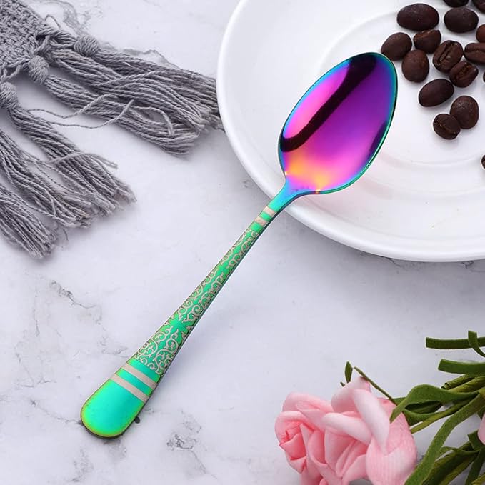 Rainbow Unique Pattern Design Coffee Espresso Spoons Mini, Mingcheng Stainless Steel Small Teaspoons Silverware Set of 12, BISDARUN 5.5 Inches Food Spoons for Demitasse Dessert Tea