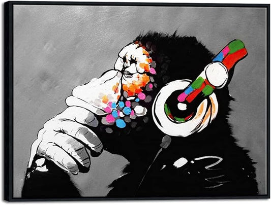 Wieco Art Large Black Framed Monkey With Headphones Banksy Graffiti Art Abstract Canvas Painting for Home Decor Canvas Wall Art for Living Room Decoration Wall Decor & Office Decor
