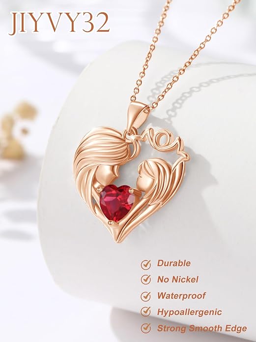 Mother and Daughter/Son Love Heart Necklace White Gold/14K Gold/Rose Gold Birthstone Jewelry Christmas Mothers Day Birthday Gifts For Mom Wife Grandma Women