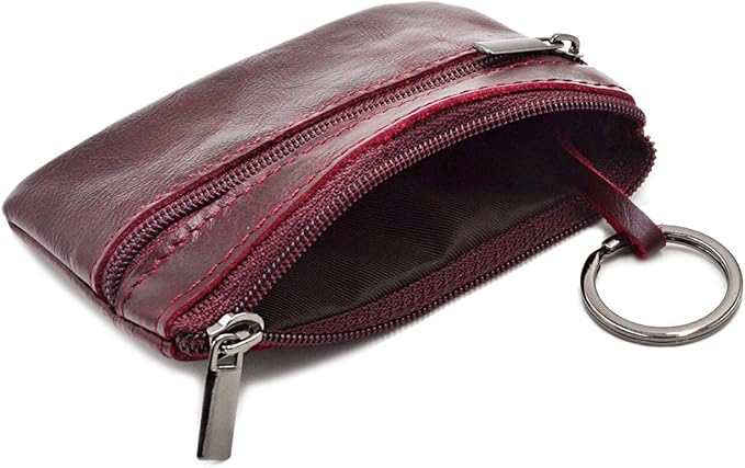 Multi-Functional Genuine Leather Wallet - Wine Red Compact Card Holder with 3 Zippers, Built-in Key Ring & Coin Purse for Travel (purple)